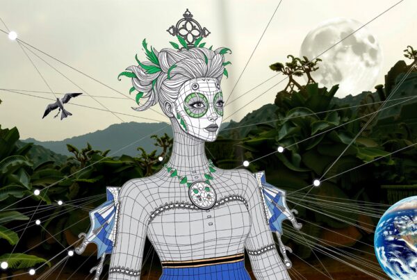 A futuristic humanoid with robotic features stands in a lush jungle, connected by lines, with Earth and moon in the background.