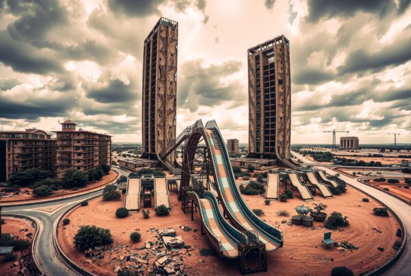 Abandoned theme park with towering empty slides and unfinished buildings under a dramatic sky.