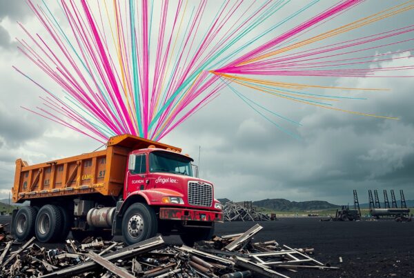 A colorful burst of beams erupts from a dump truck, creating an imaginative contrast against a gloomy sky.