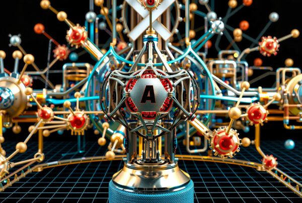 Futuristic mechanical structure with interconnected sphere and glowing elements.