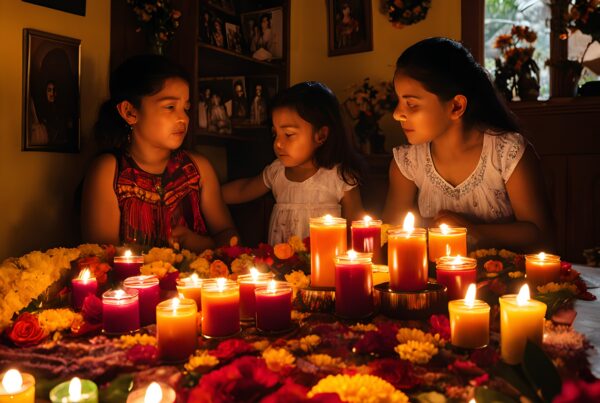 Warmly lit room with candles and flowers, three girls in traditional attire engaged in conversation, surrounded by family photographs.