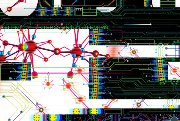 An abstract image combining digital circuitry and molecular models in a vibrant and colorful design, featuring bright red and blue structures on a high-tech background.