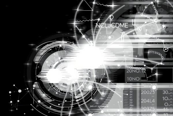 Abstract digital artwork with futuristic geometric shapes and data elements, conveying technological connectivity and innovation in a monochromatic scheme.