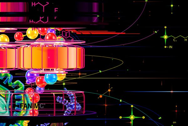 Vibrant futuristic molecular design with colorful geometric structures and scientific symbols.