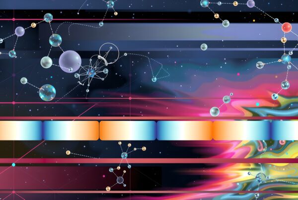 Abstract image of colorful, interconnected molecular structures against a cosmic background.