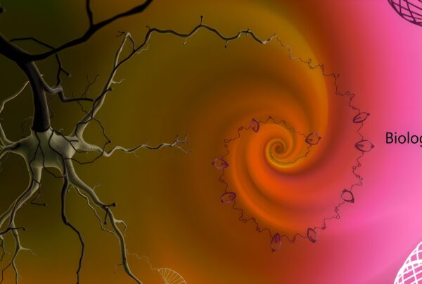 Abstract biology-themed image with neuron, spiral, and DNA motifs.