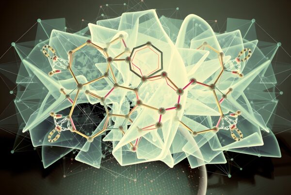 Futuristic abstract molecular geometry with interconnections.