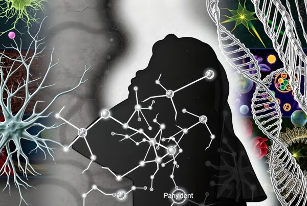 Abstract illustration blending biology and technology with neurons, DNA, and molecular structures.