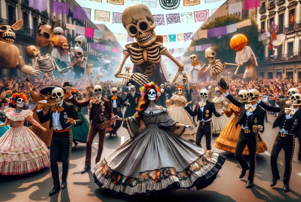 Vibrant Day of the Dead parade with colorful costumes and giant puppets.