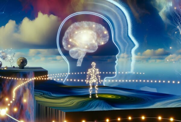 Futuristic scene of a silhouette with brain against colorful sky.