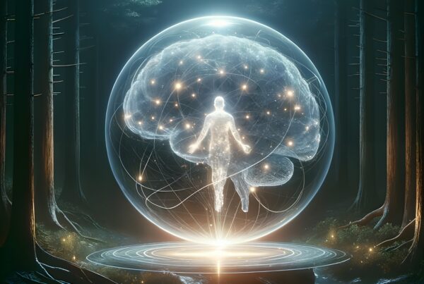 A digital human figure inside a glowing sphere with a brain, set in a mystical forest environment.