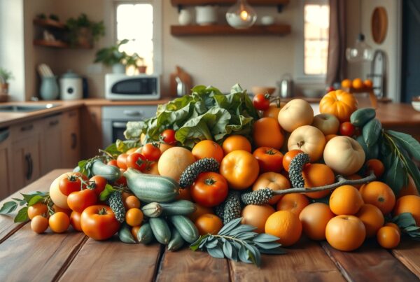 A colorful array of fruits and vegetables on a wooden kitchen table in a cozy atmosphere.