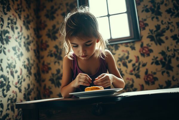 Young girl with pastry at table, surrounded by floral wallpaper in soft light.