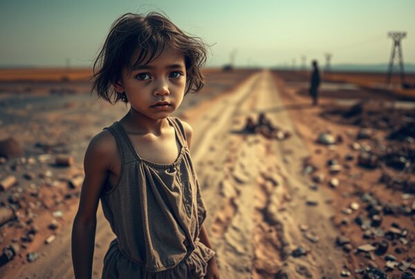 Young girl stands on deserted, dusty road amid scattered debris.