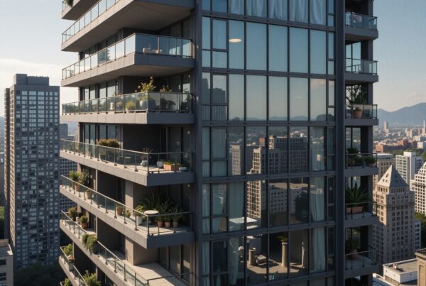 High-rise building with balconies and city view.