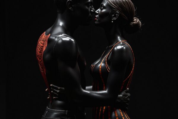 A couple embraces in a dark setting, showcasing contrasting attire and glossy skin for an intense, stylish appearance.