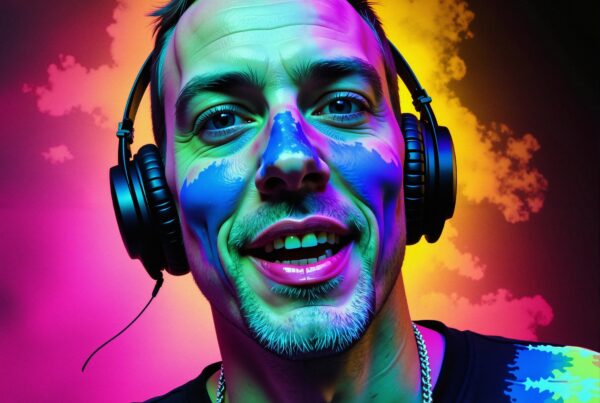 A vibrant man with colorful face paint wearing headphones and smiling against a bright, lively background.