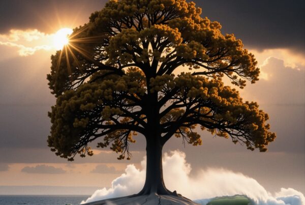 A lone tree on a small rocky island with dramatic ocean waves and a glowing sunset sky.