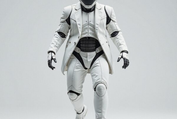 A futuristic humanoid robot dressed in a sleek white and black suit with advanced technological features stands out against a plain light gray background.