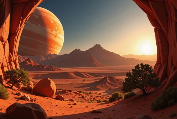 A surreal desert landscape featuring a giant planet on the horizon, seen from a rocky cave, with a sunset casting warm shadows.