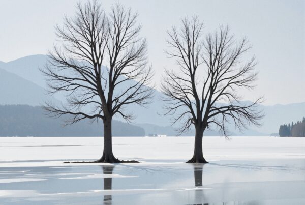 Two leafless trees reflecting on ice-covered lake with mountains in background.