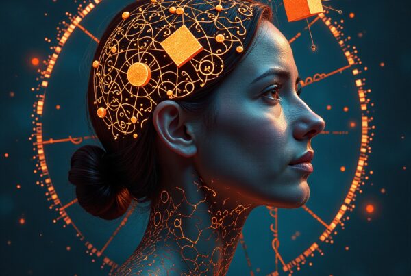 A futuristic woman with glowing neural patterns and geometric shapes symbolizes human-machine integration and advanced technology.