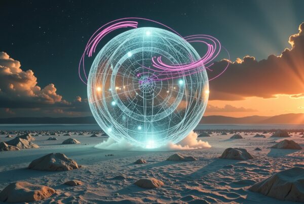 A glowing sphere with swirling patterns in a desert during sunset.