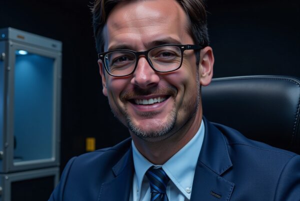 Smiling professional man in a blue suit seated in a modern office setting.