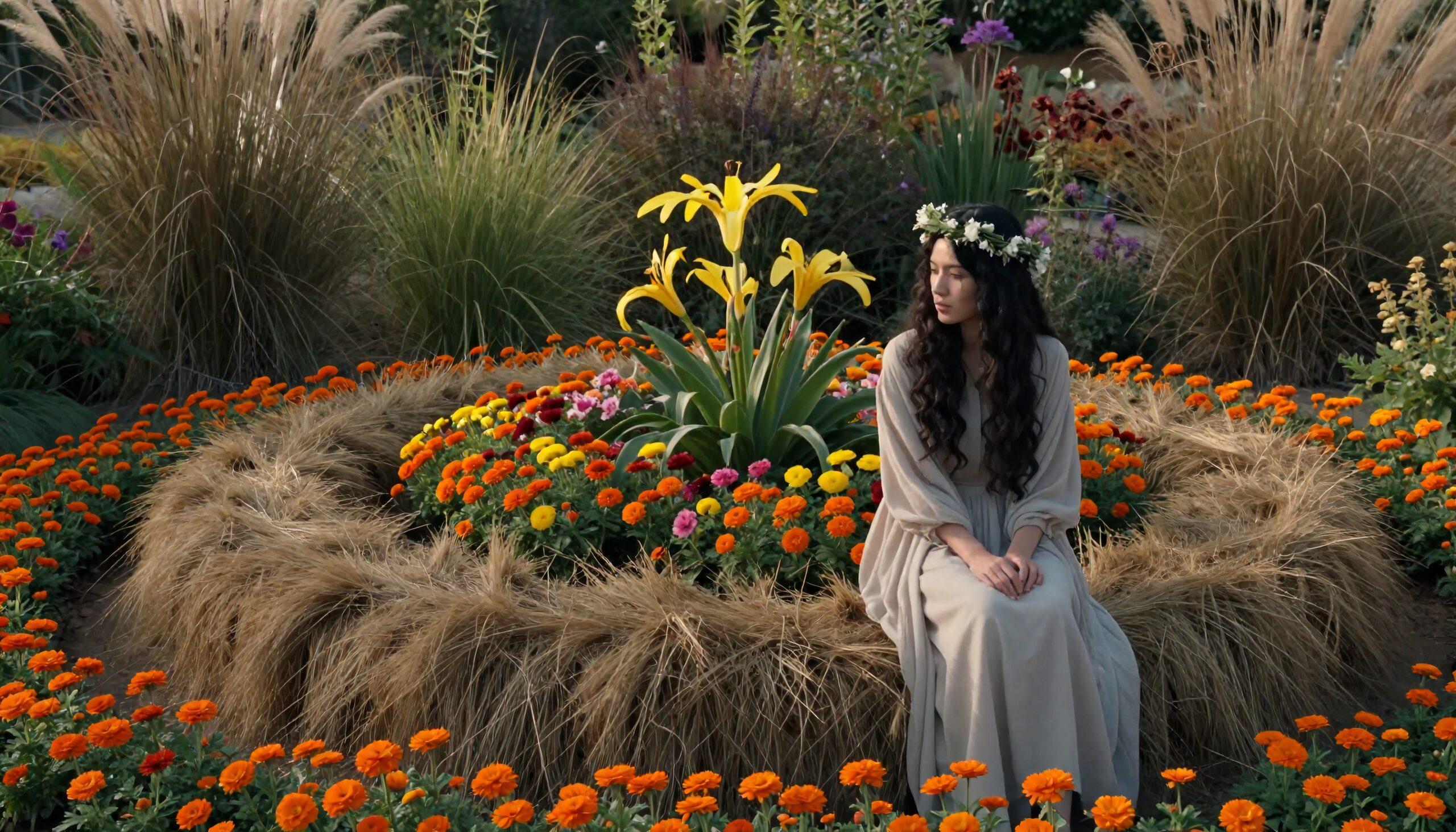 Lady in flower garden contemplations