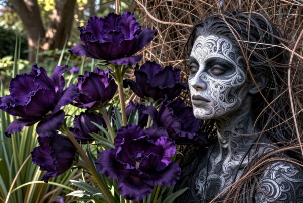 A woman with intricate body art among purple flowers in a tranquil garden setting.