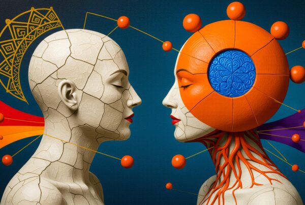 Two abstract human profiles with vivid colors.