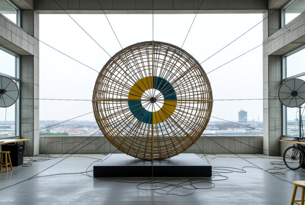 Large bamboo sphere centerpiece in a modern office with panoramic city views.