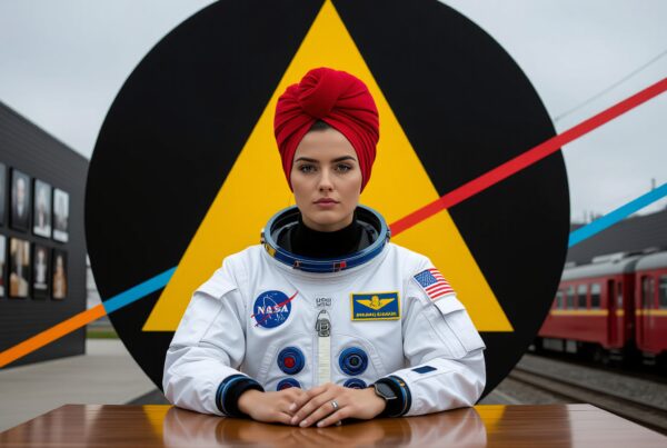 A woman in NASA suit sits confidently before a geometric mural, with a train in the background.