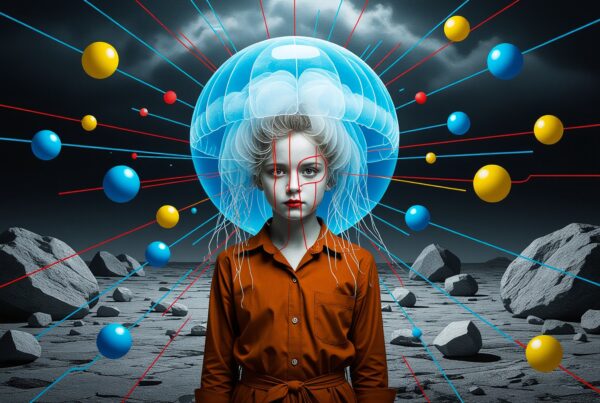 A futuristic woman stands in a surreal, rocky landscape with vibrant spheres and a jellyfish-like headpiece, embodying a blend of science fiction and abstract art.
