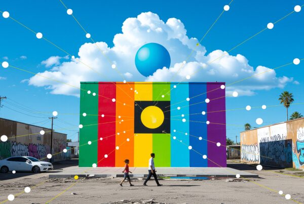 A vibrant geometric mural in an urban setting with pedestrians walking by.