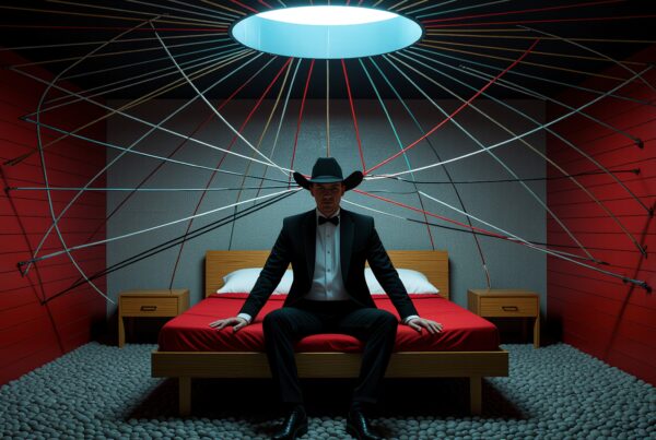 A man in a cowboy hat and suit sits on a red bed in a room with strings and pebbles.