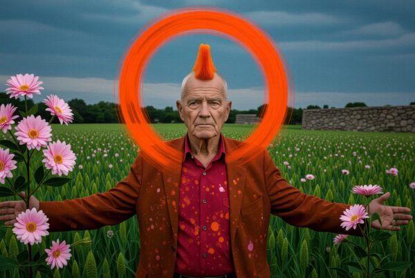 Elderly man with orange mohawk standing in flower field with pink daisies and orange circle backdrop.