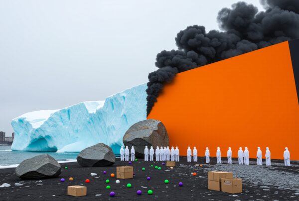 A surreal arctic landscape combining an iceberg and an orange wall with black smoke, featuring people in white garments, vibrant spheres, and a distant city skyline.