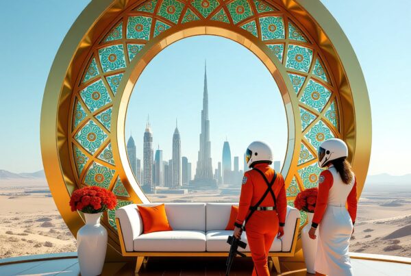 Elegant futuristic city view with modern architecture, desert, and unique seating.