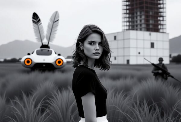 A woman in a field with a futuristic vehicle and soldier nearby.