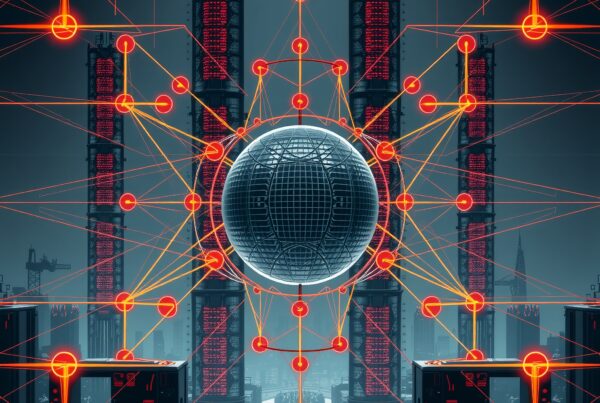 A futuristic digital network sphere with red connections amidst a towering cityscape.