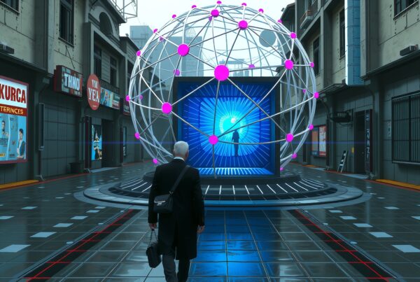 A man approaches a glowing futuristic holographic installation on a rainy city street.