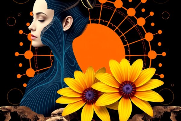 A surreal artwork of a woman's profile with digital elements, orange circle background, and vivid yellow flowers.