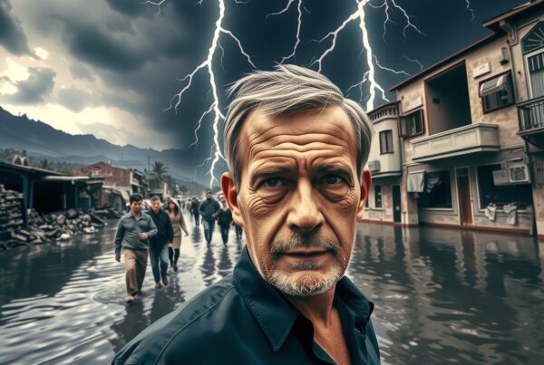A serious man stands in a flooded street with lightning striking in the stormy sky behind him.