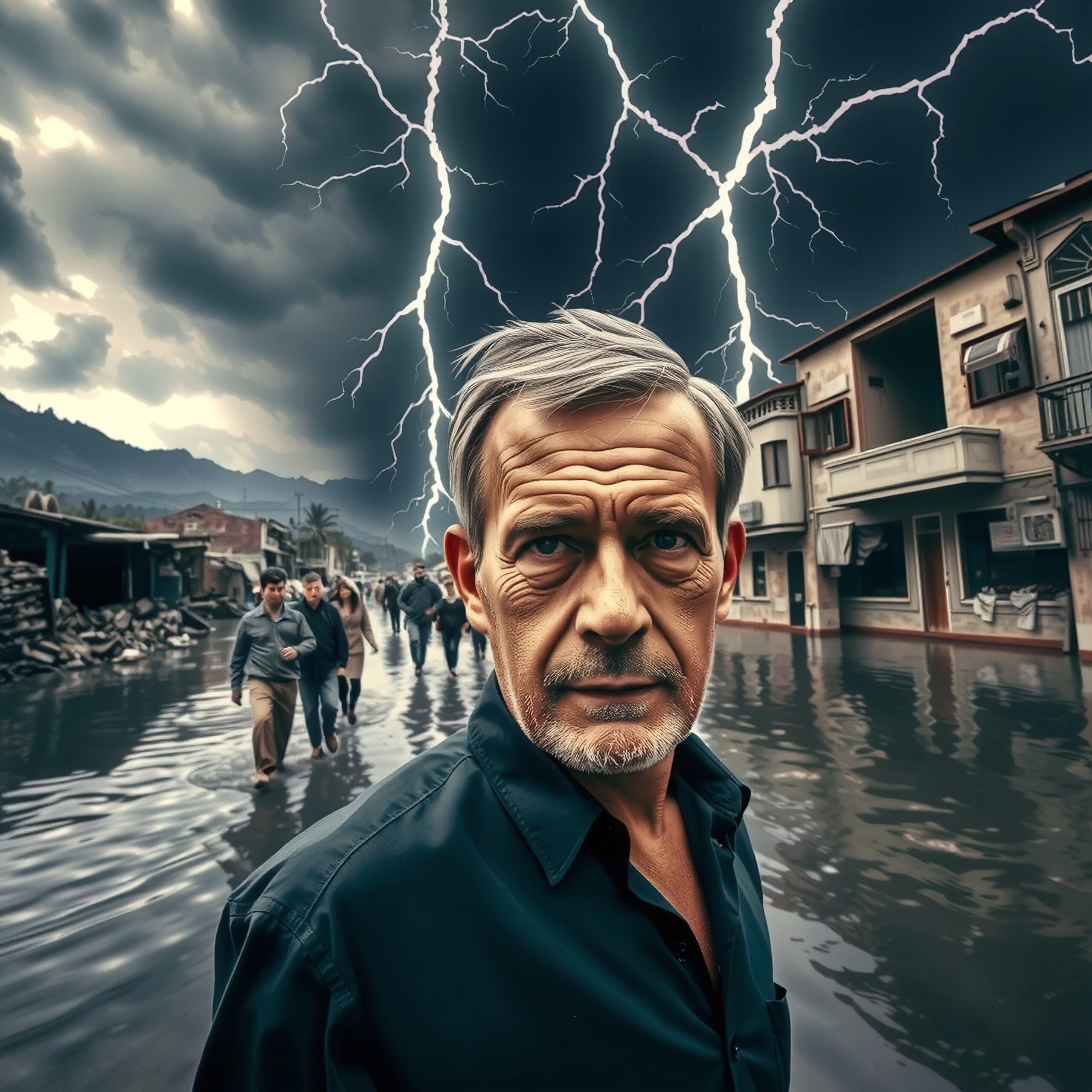 Stormy Day in Flooded Town