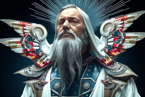 A regal figure with a metallic, futuristic headdress, wearing ornate robes against a dark backdrop.