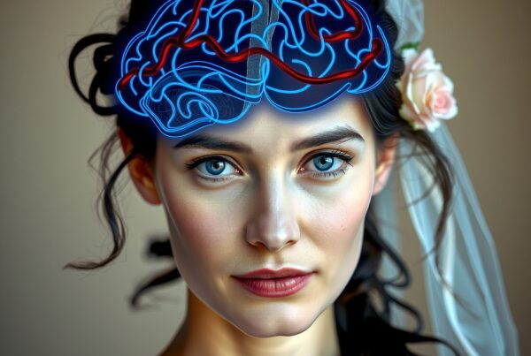 Portrait of a young woman with blue neural pathways overlaid on a bridal veil.