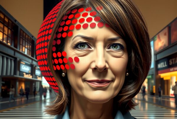 A confident woman with red dot art in a vibrant cityscape backdrop.