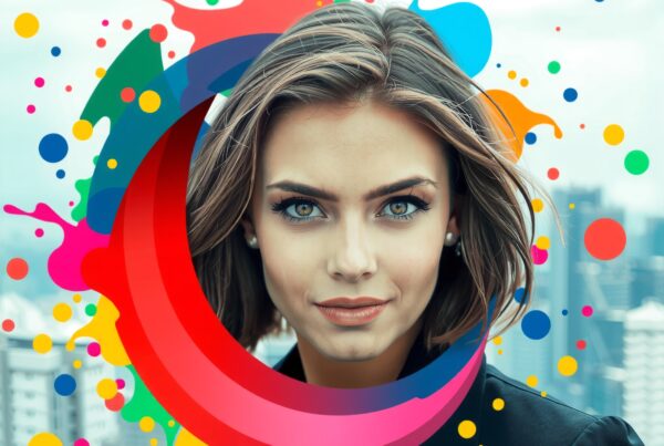 A woman in a black blazer with colorful paint splashes and a blurred city skyline.