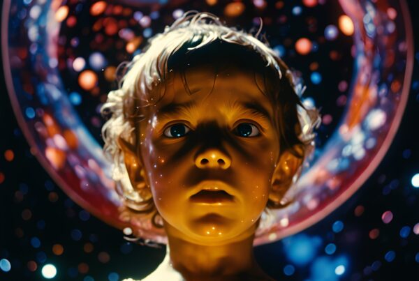 A young child looks upwards, surrounded by a cosmic swirl of colors and glowing orbs, evoking a sense of wonder and magic.